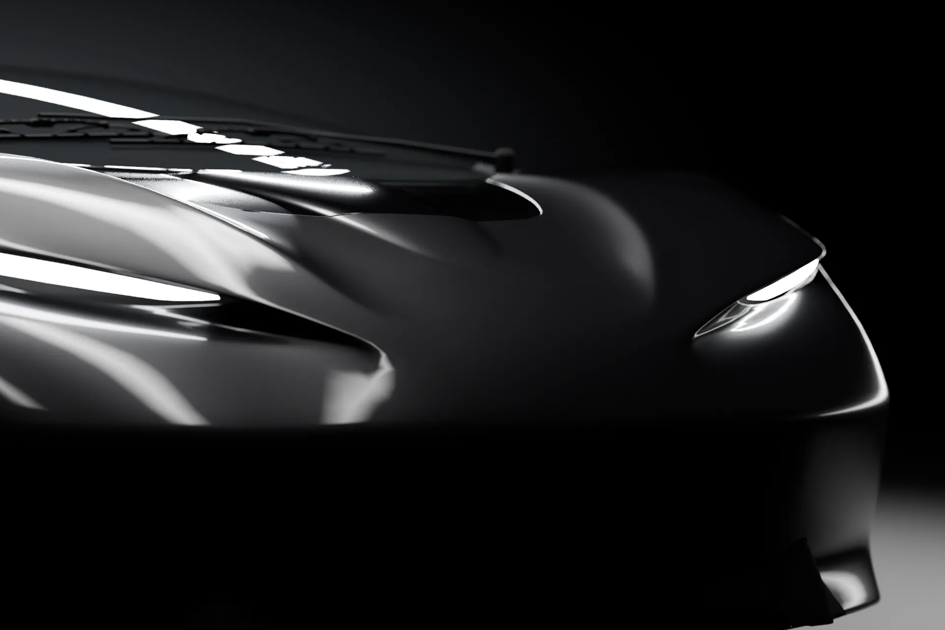The Vesper GT's headlight glowing in a dark studio